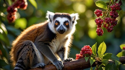 Fototapeta premium A lemur perched on a branch amidst vibrant red berries and lush green foliage in a sunlit forest