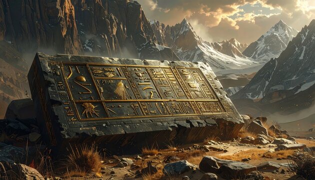 Ancient hieroglyphs etched on a large stone slab rest amidst a mountainous landscape.