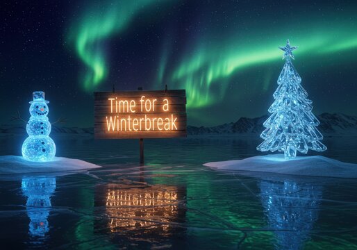 Winter break sign with aurora borealis and glowing snowman and christmas tree
