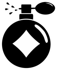 Obraz premium Aromatic spray: Stylish black perfume bottle with diamond emblem, releasing a delicate fragrance mist from its atomizer.