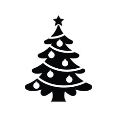 Black silhouette Christmas tree decorated with baubles, star, and garland isolated on white background, festive holiday season design illustration.