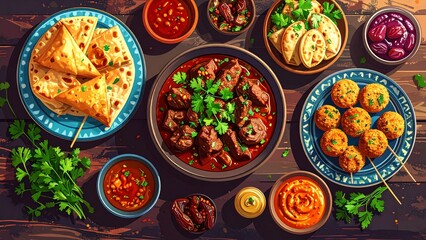 Traditional Maghrebi Cuisine Food Illustration with Tagine, Couscous, and Harira
