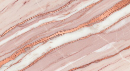 Pink marble texture with white and copper veins, close-up.