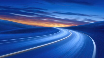 Road curves upward towards sky during sunset with motion blur