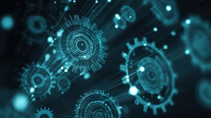 Gears in Dark Background HighTech Industrial Scene with Big Data Elements, Ideal for TechFocused Projects or Presentations, Evoking Innovation and Creativity.
