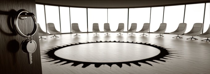 A sepia-toned view of a conference room with minimalist white chairs arranged in a circle around a central, patterned floor design, with a key visible through an open doorway