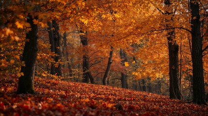 Fototapeta premium Autumn Leaves, vibrant red, orange, and golden foliage scattered on the ground, warm seasonal tones reflecting the beauty of fall nature