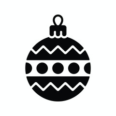 Black silhouette Christmas ornament ball with decorative zigzag and circle pattern, festive holiday decoration icon isolated on white background vector illustration.