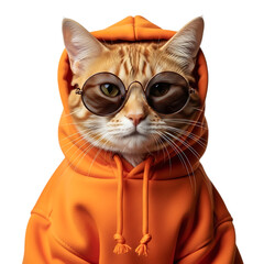 Stylish tabby cat wearing sunglasses and orange hoodie portrait cool feline fashion transparent background