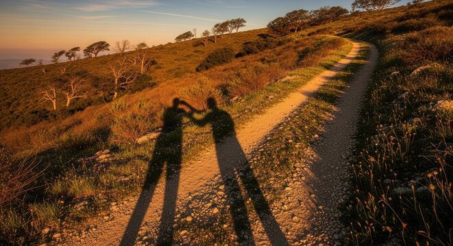 Silhouette of friends congratulating each other on a sunset hike along a dirt path - Powered by Adobe