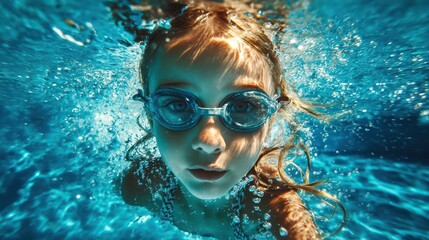 Naklejka premium Vibrant CloseUp Shot of a Young Girl Swimming with Goggles in a Stunning Bright Blue Pool, Perfect for Summer Campaigns and Inspiring Relaxation.