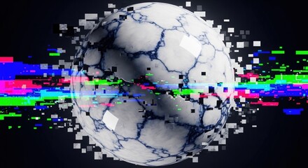 Abstract digital art of a sphere breaking into pixels.