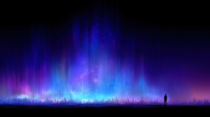 Man gazes at colorful aurora borealis above a forest at night