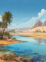 Sunny desert landscape with a calm river
