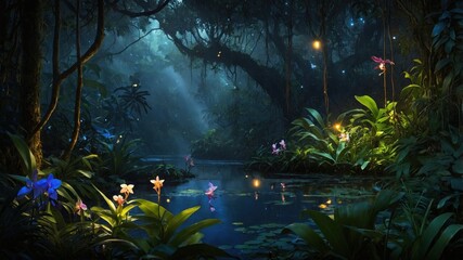Obraz premium Enchanted jungle scene with vibrant flowers and a serene pond illuminated by soft light