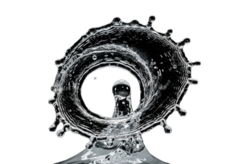 Dynamic, crystal-clear water splash with innumerable spherical, translucent droplets and intricate swirling patterns, ultra close-up against a deep black background, concept of liquid purity and