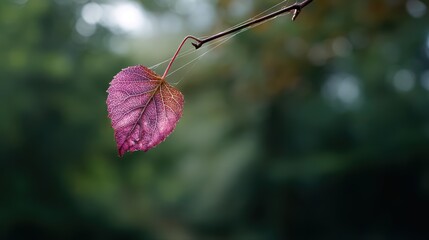 Striking Closeup of a Leaf Hanging Precariously by a Thread, Raw Vibrant Autumn Hue, Ideal for Seasonal Marketing and Creative Projects Boosting a Sense of Suspense and Anticipation.