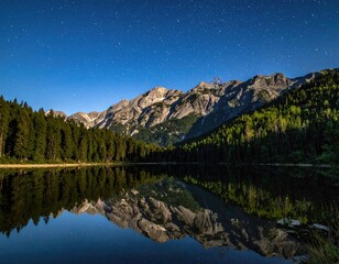 Serene mountain lake reflecting a starlit sky