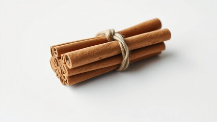 Aromatic bundle of organic cinnamon sticks tied with rustic twine, isolated on a clean white background, perfect for culinary and festive concepts