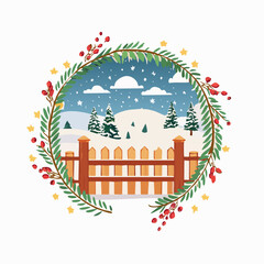 Obraz premium winter country scene with winter decor, branch, gate