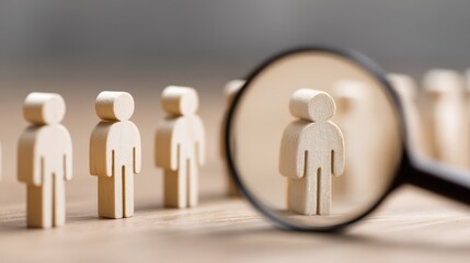 Vibrant Lineup of Wooden Figurines Under Magnifying Glass Ideal for HR and Recruitment Themed Projects, Boosting Creativity.