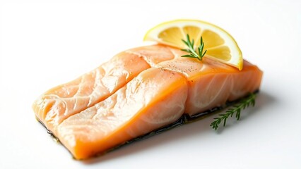 Fresh Salmon Fillet Garnished with Lemon and Dill on a White Background, Culinary Delight