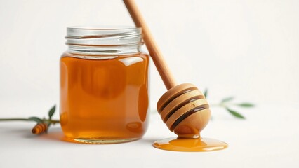 Golden Honey Jar with Wooden Dipper A Sweet Treat Still Life
