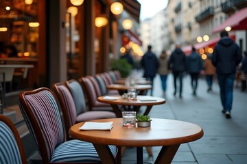 Cozy outdoor café with wooden tables and striped chairs on a lively European street at sunse