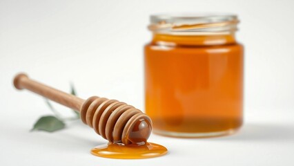 Golden Honey Drizzling from Dipper with Jar in Background on White
