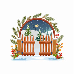 Obraz premium winter country scene with winter decor, branch, gate