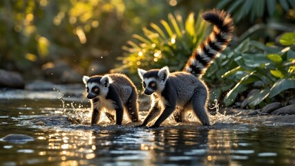 Naklejka premium Two playful lemurs splashing in a tranquil stream surrounded by lush greenery during sunset