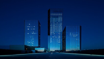 Night View of Illuminated Skyscrapers Reflecting the City Lights with Dark Blue Sky Background