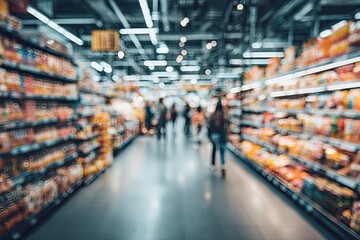 Obraz premium Blurred supermarket aisle. Customers walking