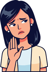 Vector illustration of an unhappy woman gesturing to stop, a cartoon female character expressing refusal, denial, and negative emotions with a hand gesture