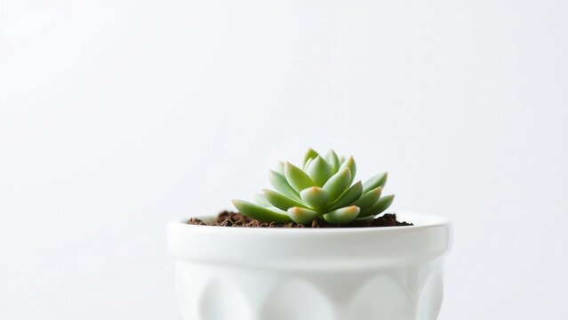 Minimalist Photography Close-up of a Small Succulent Plant in a White Ceramic Pot with Clean Background