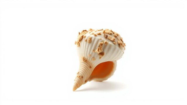 Striking close-up of a decorative marine seashell, highlighting its detailed spiral structure and organic embellishments against a clean, bright studio setting