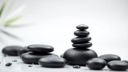 Peaceful composition of stacked black spa stones with water drops on a reflective white surface, symbolizing balance, zen, and harmony