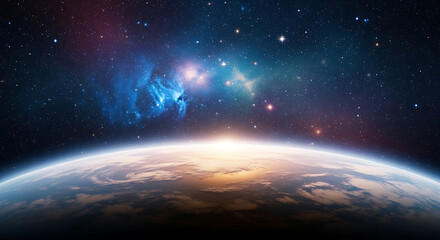 A breathtaking cosmic sunrise over a distant planet, with a vibrant blue nebula and starfield illuminating the vast universe