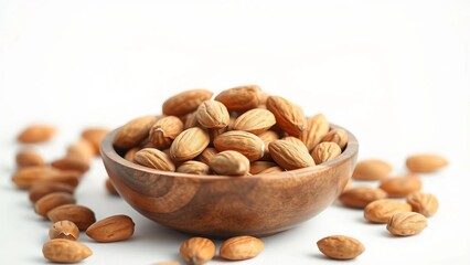 Organic shelled almonds in a rustic wooden bowl, a wholesome and nutritious superfood for a healthy diet, isolated on white