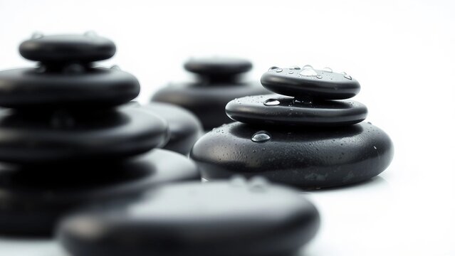 Artfully arranged smooth black stones with glistening water droplets, creating a serene and balanced composition ideal for spa, wellness, and meditation themes