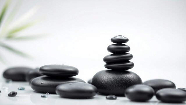Peaceful composition of stacked black spa stones with water drops on a reflective white surface, symbolizing balance, zen, and harmony