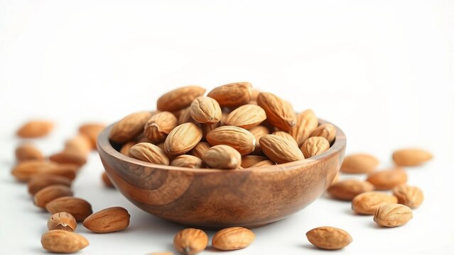 Organic shelled almonds in a rustic wooden bowl, a wholesome and nutritious superfood for a healthy diet, isolated on white