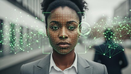 Woman's face scanned by futuristic AI technology