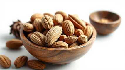 A close-up of a wooden bowl filled with whole, raw almonds in their shells, a healthy and natural snack on a clean white background