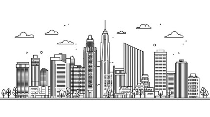 Fototapeta premium A clean black and white line art illustration of a modern city skyline with buildings, trees, and clouds.