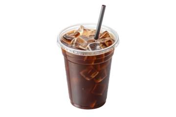 Refreshing iced coffee in a plastic cup with a straw isolated on transparent background, a perfect summer beverage
