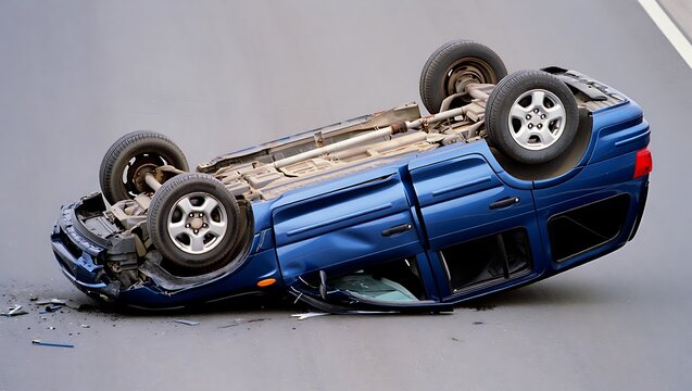 Rollover accident with a blue SUV overturned on the road depicting vehicle damage and road safety concerns for drivers