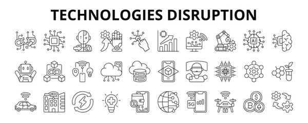 30 Technologies Disruption Line Icons Vector - Evolution, Artificial Intelligence, Robotics, Internet Of Things, Cloud Computing, 5G 