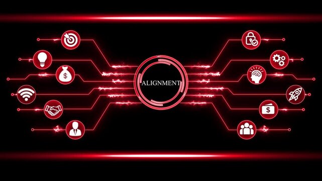 Futuristic Digital Network Connecting Business Icons with Central Text ALIGNMENT alignment strategy