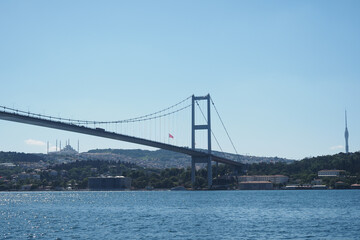 Spectacular view of bridge and city skyline on clear day in istanbul